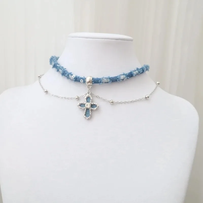 Vintage Denim Blue Cross Flower Bow Double Layered Pendant Necklace Women Chic Cowboy Clavicle Chain Party Jewelry