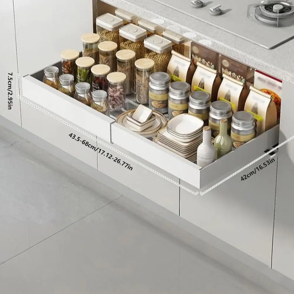Erweiterbarer ausziehbarer Schrank-Organizer, ausziehbare Schubladen, erweiterbarer Schrank, herausziehbare Regale für Küche, Speisekammer, Badezimmer – Detail 2