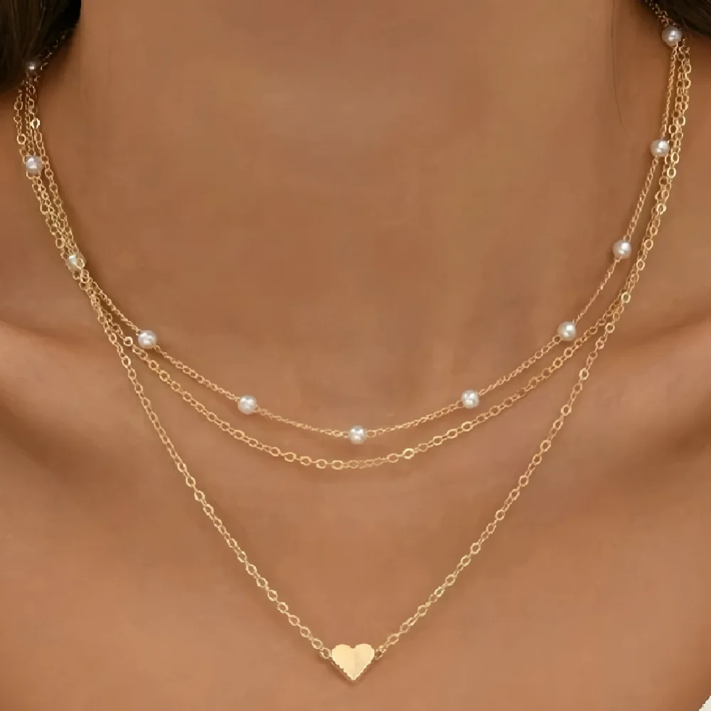 2025 New Women's Pearl Necklace Set 14K Gold Fashion Love Heart Pendant Waterproof Hypoallergenic Collarbone Neck Chain Jewelry 1
