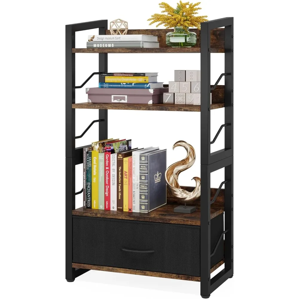 

Bookshelf with Drawer, 4-Tier Wood Industrial Narrow Bookcase Storage Organizer Metal Stackable Shelves, Bookcase Bookshelf