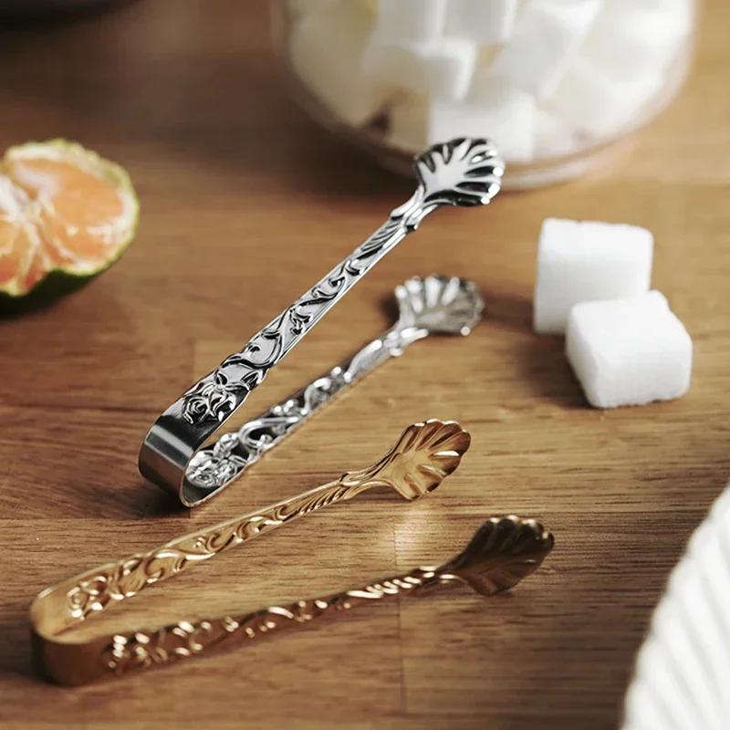 2pcs Vintage Rose Relief Coffee Sugar Tongs Stainless Steel Ice Cube Clips Golden Tweezer Mini Food Clamp Kitchen Bar Accessorie