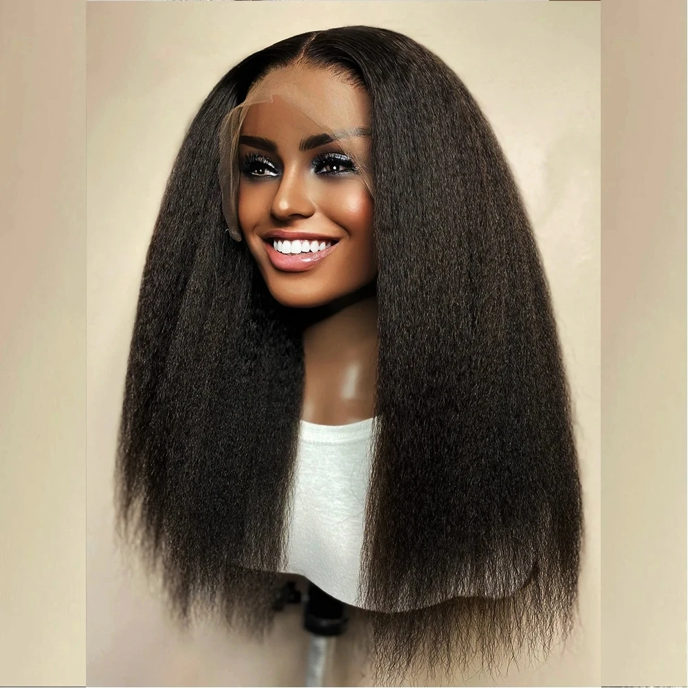 Long 26Inch Yaki Straight Natural Black Lace Front Wig Soft For Black Women With Synthetic Preplucked Glueless Baby Hair Daily