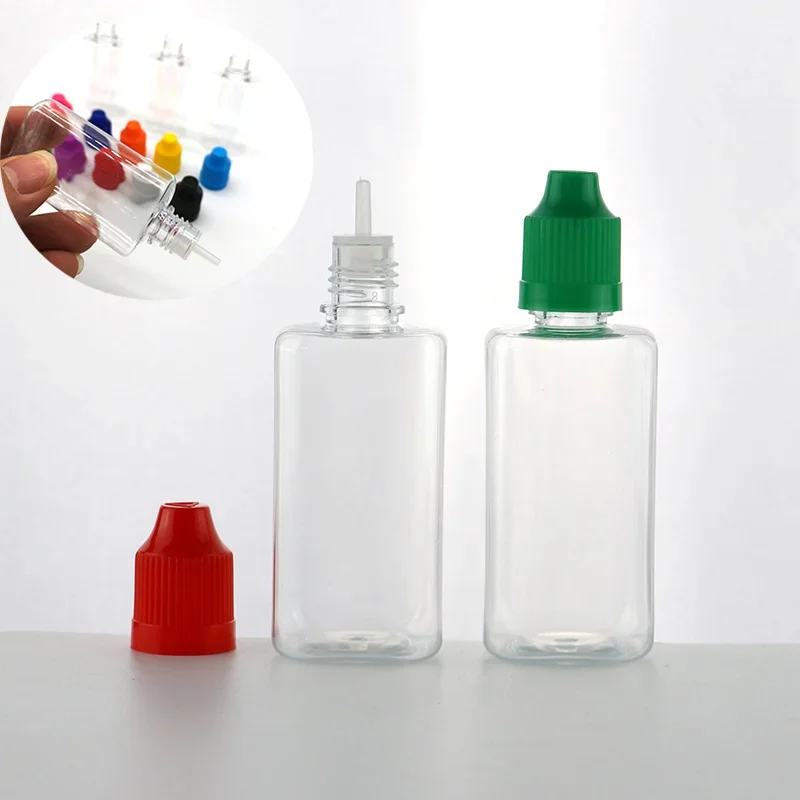 100pcs 30ml Clear/Black PET Plastic Square Flat Dropper Bottles Long Tip Cap Empty Liquid Dropper Squeezable Refillable Bottles