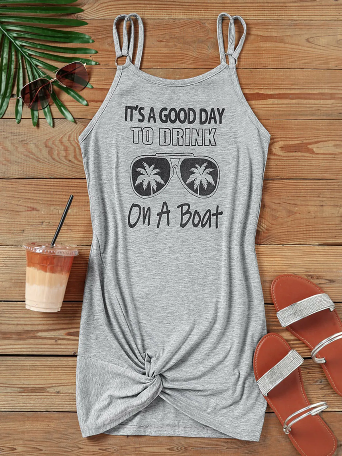 

Женское ажурное мини-платье с кокосовым деревом, серое Повседневное платье без рукавов с V-образным вырезом, лето 2023