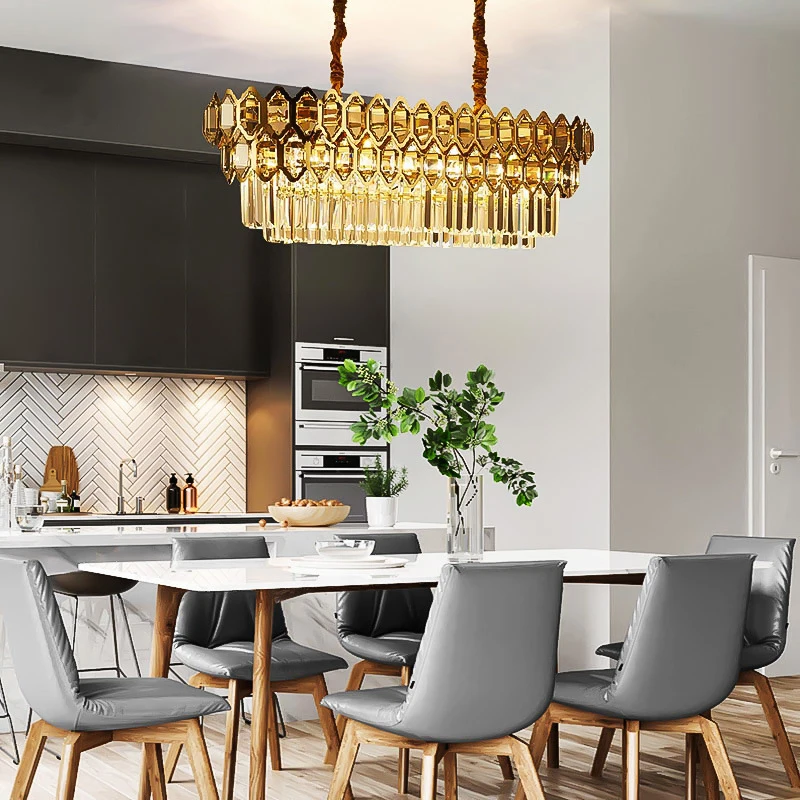 

Luxury Modern Chandelier Lighting For Dining Room Rectangle Gold Crystal Lamps Large Kitchen Island LED Cristal Light Fixtures