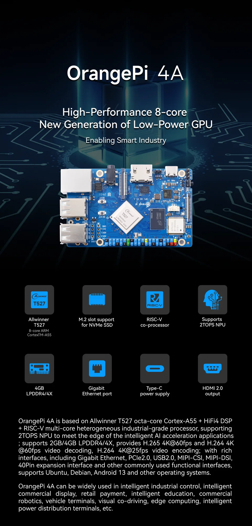 Orange Pi 4A Mini PC - SoC, 2GB/4GB RAM, WiFi 6/BT 5.0, M.2 NVMe, 2TOPS NPU, Ub