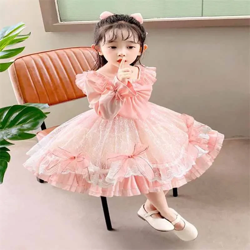 Birthday Party Lolita Dress Girls Kids Summer Lace Pink Long&Short Sleeve Dress Cute Princess Doll Teen For Girls