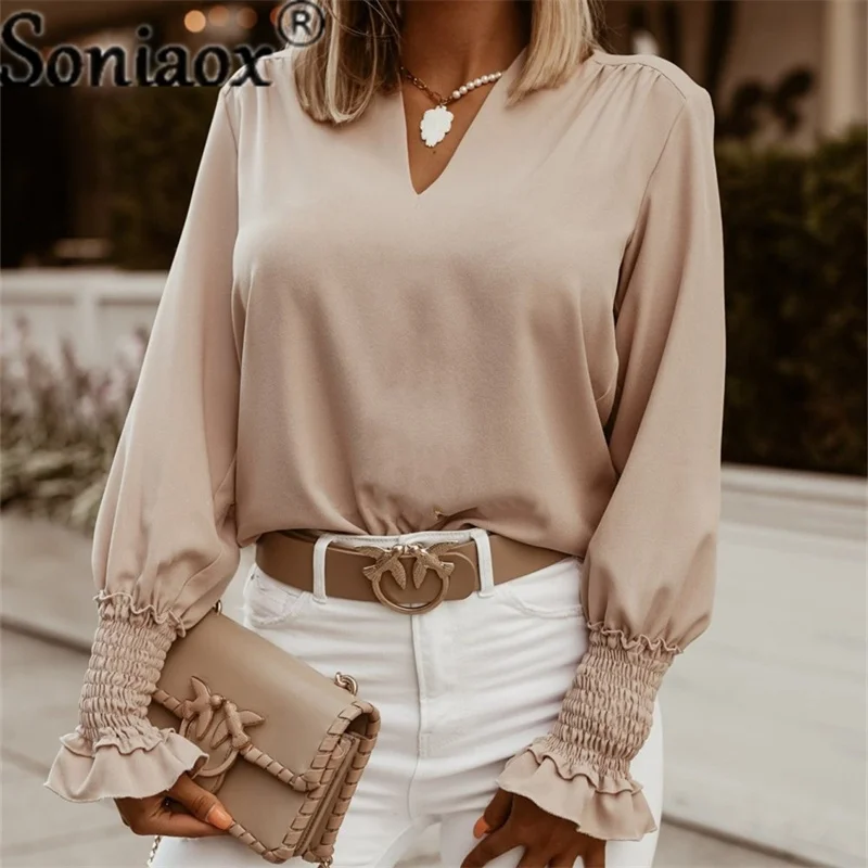 

Autumn Winter British Simple Style Blouse Elegant Women Cuffs Pleated Slim Fit Shirt V-neck Pullover Commuter Solid Color Tops