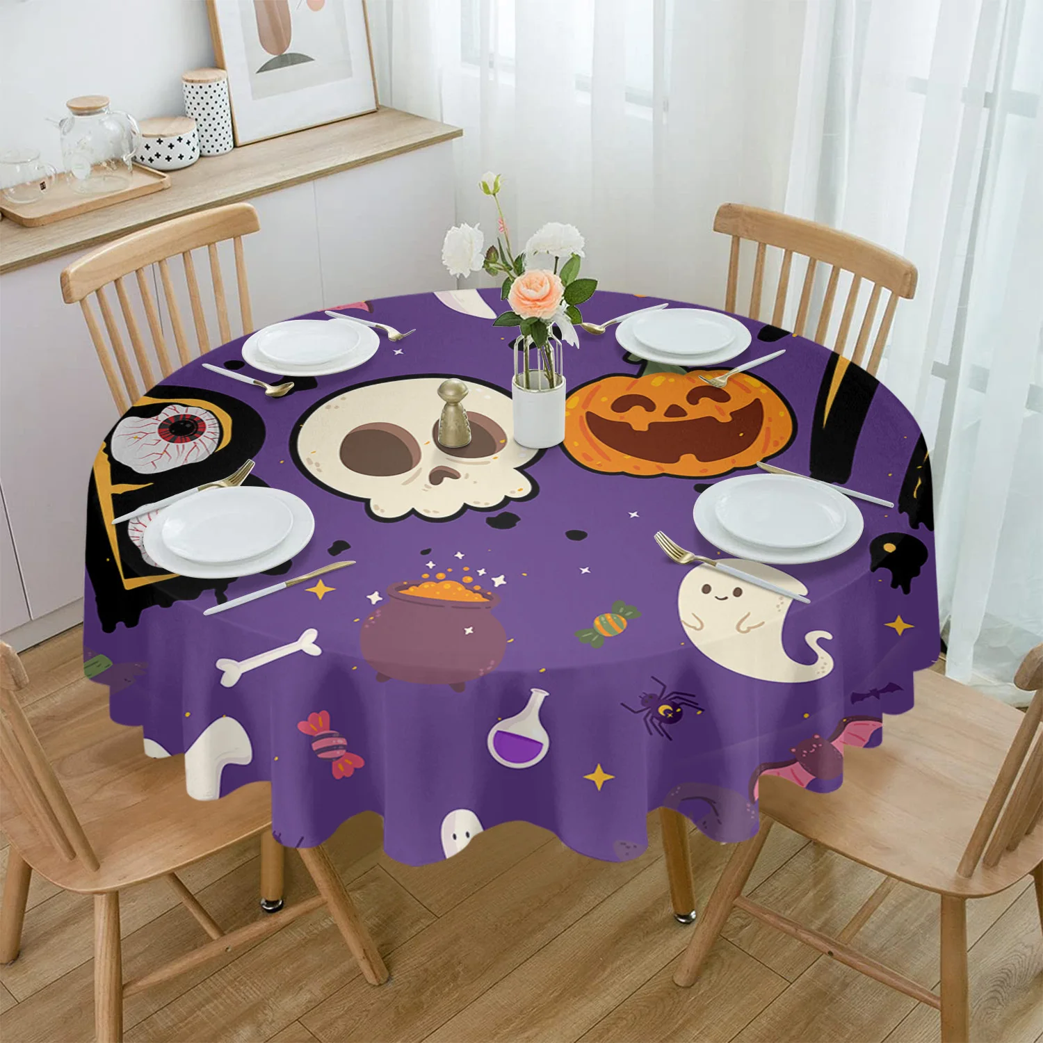 

Halloween Pumpkin Ghost Skull Bat Round Tablecloth Waterproof Wedding Party Table Cover Holiday Dining Table Tablecloth