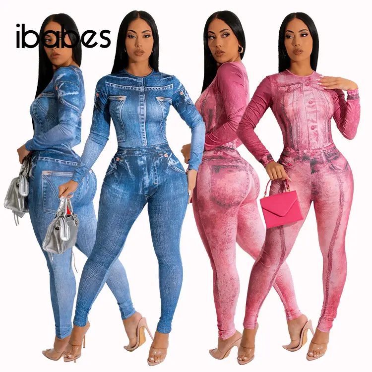 Fake Denim Printed Women Jumpsuit Fitness Long Sleeve Skinny Rompers 2023 Summer Chic Sexy Night Club Party One Piece Overalls