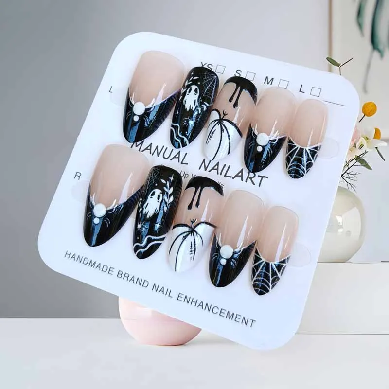 10Pcs Halloween Short Almond Shape Atmosphere Clown Black and White Ghost Spider Press on Nails Nail Patch False Nails Nails Art