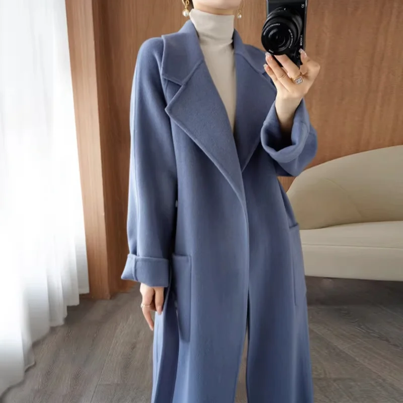 Double-Sided Cashmere Coat for Women, Long Loose Overcoat, Lace-Up Jacket, Female Outwear, 100% Wool, Autumn, Winter, New, 2023