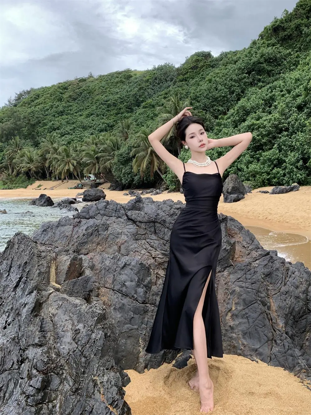 Sexy Satin Black Dress Women Spaghetti Strap New Summer High Split Backless Beach Slim Mermaid Evening Party Dresses Prom Robe