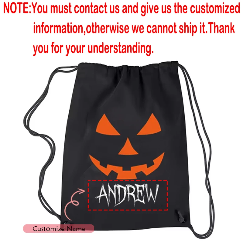 Personalisierter Name Schwarz Einzigartige Halloween Party Kordelzug Geschenktüte Benutzerdefinierte gruselige Kürbis Gesicht Süßigkeiten Rucksack Festival Dekoration – Detail 7