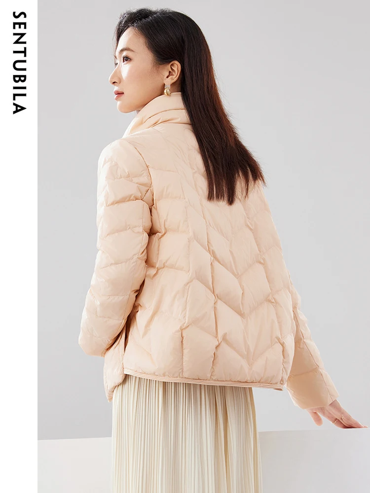 SENTUBILA Winter Gentle 90 White Duck Down Jacket for Women 2023 Autumn Warm Single Breasted Lightweight Crop Jacket W34Y50153