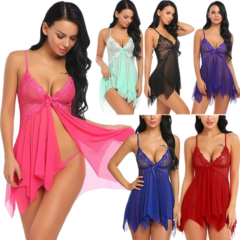 

Women Lingerie Lace Transparent Sexy Temptation Pajamas Sleeveless Pajamas Nightgown G-string Set V Neck Nightwear Sleepwear