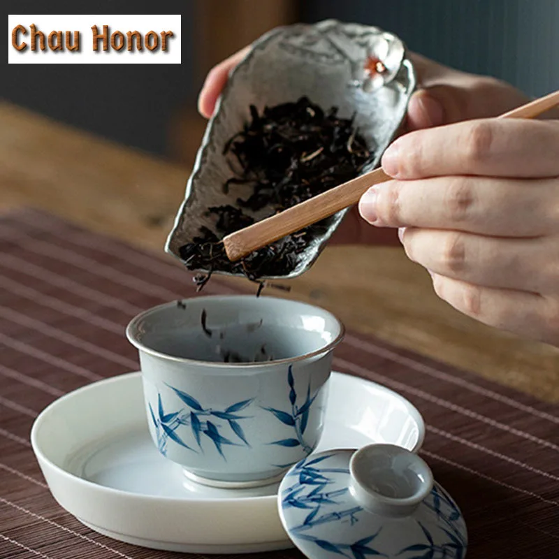 85ml White Porcelain Tea Tureen Hand Painted Bamboo Ceramic Gaiwan Tea Maker Tracing Silver Covered Bowl Kung Fu Tea Set Crafts
