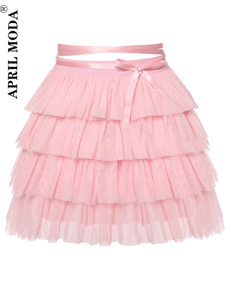 

Sweet Ball Gown Mini Women Skirt Y2K High Waist 4 Layer Ruffle Cake Skirts Preppy Style Lolita Kawaii Mesh Skirts With Lace Belt