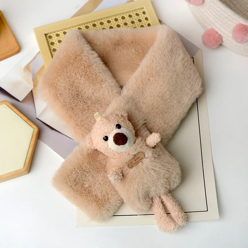 

Cute Cartoon Bear Faux Rabbit Fur Collar Cross Plush Scarf Women's Winter Outdoor Thicken Neck Protection Warm Shawl Q83