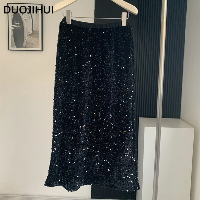 

DUOJIHUI Autumn Black Chicly Sequin Simple Female Skirts High Waist Office Ladies Solid Color Casual Fashion A-line Women Skirts