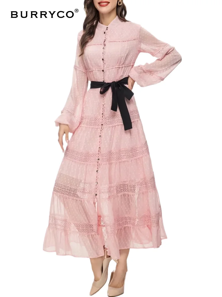 

BURRYCO Summer 2023 Women's Original Design Lantern 9/4 Sleeve Lace Up Hollow Out Round Neck Show Thin Waist Style Dress