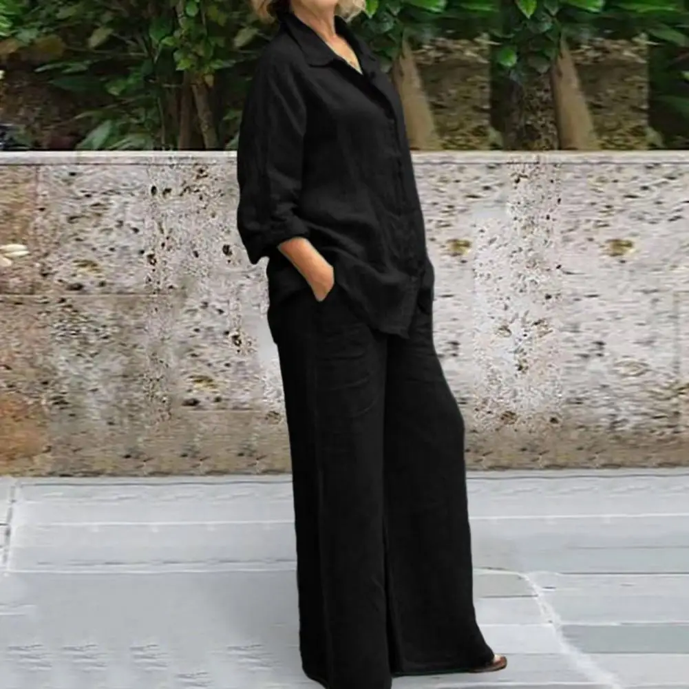 

2Pcs/Set Autumn Women Casual Outfit Lapel Long Sleeve Single-breasted Shirt Elastic Waist Pockets Straight Wide Leg Pants Set