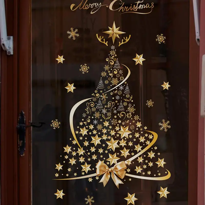Autocollants De Noël Pour Fenêtre - Forme Sapin Doré - PVC Réutilisable - Décoration Festive Facile à Poser