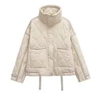European and American style winter new style stand collar loose drawstring zipper cotton jacket for women - Image 4