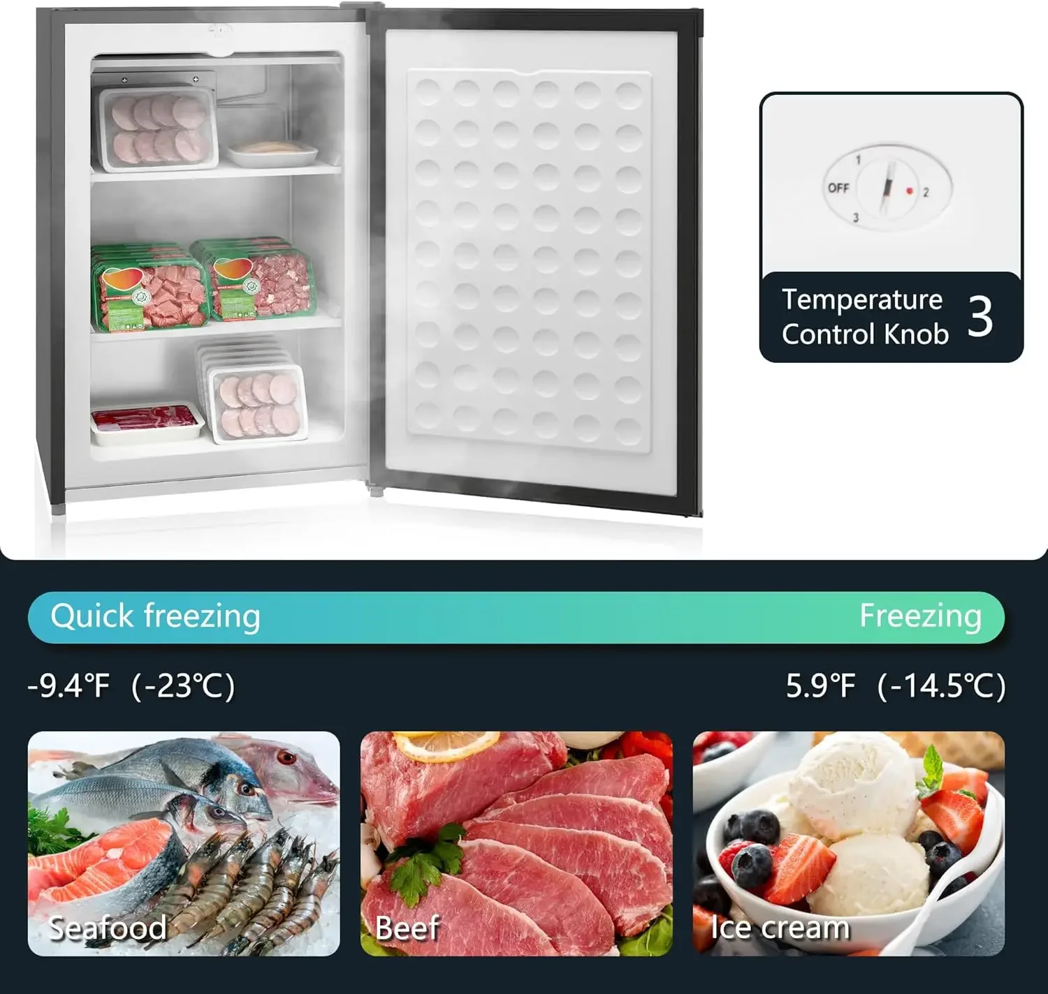 Upright Freezer, 3.0 Cubic Feet Compact Mini Freezer with Reversible Single Door and Adjustable Thermostat, Small freezer for Ho 3