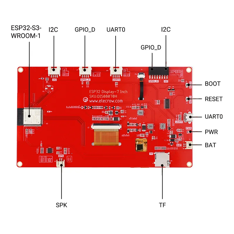CrowPanel-ESP32 7.0 Inch 800x480 Resolution HMI Touch Screen TFT-LCD Smart Display Module with Learning for Arduino/ LVGL