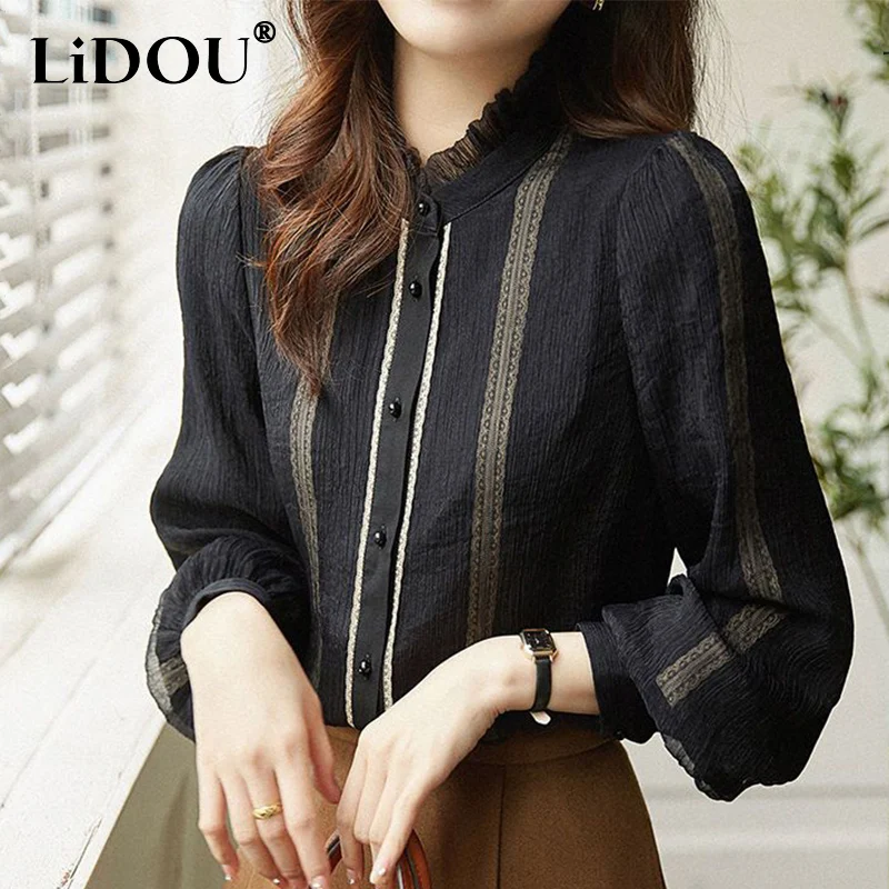 

Spring Autumn Elegant Fashion Ruffles Stand Collar Patchwork Shirt Lady Long Sleeve Loose Casual All-match Blouse Femme Cardigan