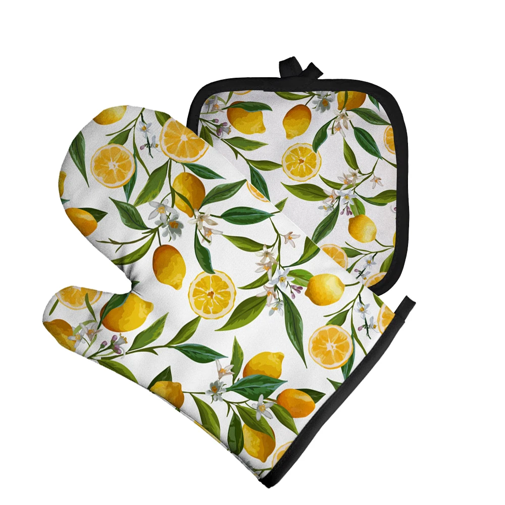 

Fruit lemon Print Baking Gloves Oven Mitts Potholders Mat Non-slip Kitchen Cooking Tools Polyester Microwave Gloves and Apron