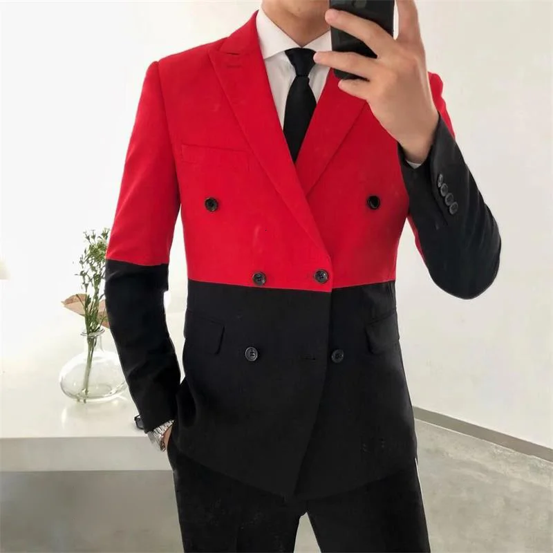 Black Half Red White Men Blazer Hombre Double Breasted Blazer Masculino Slim Fit Wedding Prom Stylish Splice Men Blazer Homme black blazer for men