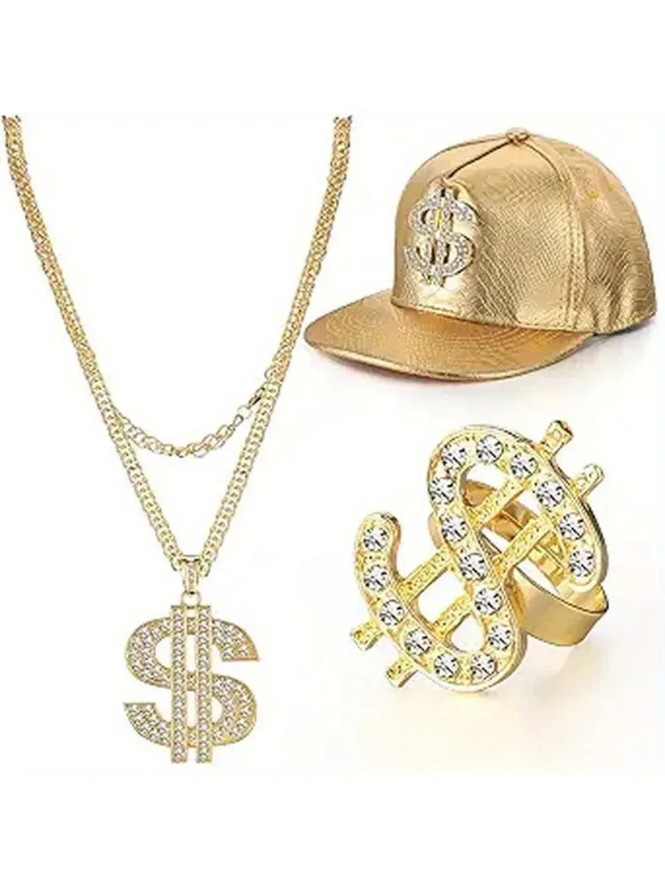 Hip Hop outfit set 3 pieces includes adjustable back button-down hat dollar pendant necklace Hip Hop Dollar ring