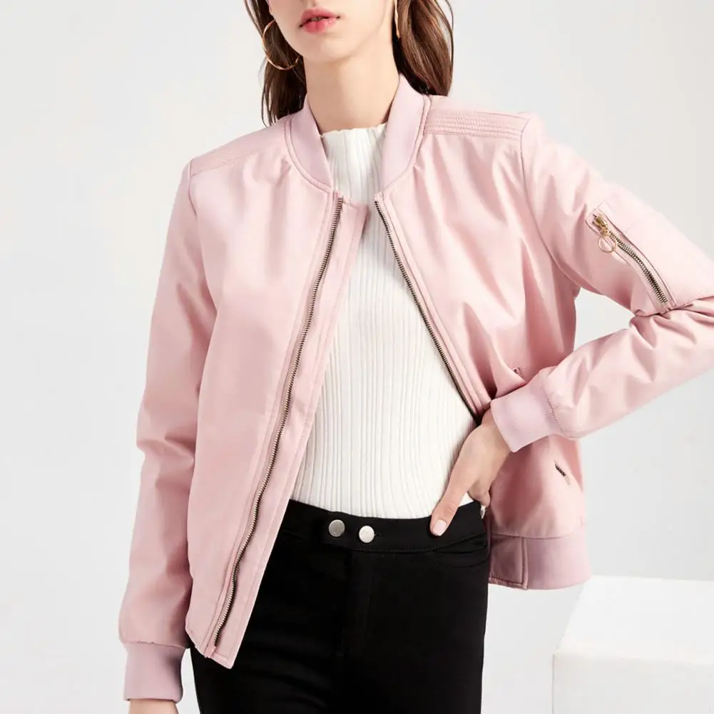 

Women Spring Coat Versatile Women's Stand Collar Zip-up Coat Soft Warm Stylish Jacket with Elastic Cuffs Zipper for Spring