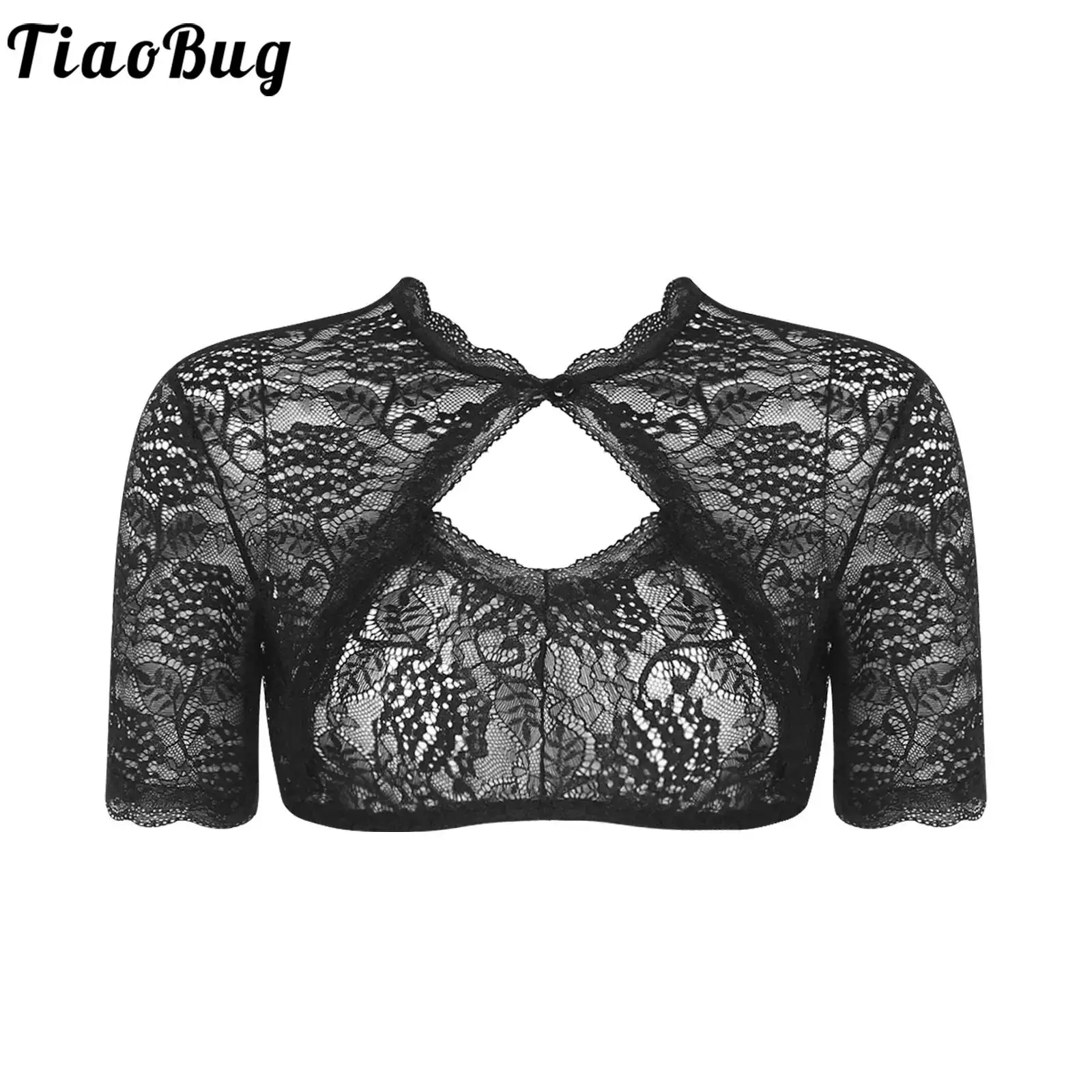 Womens Elegant See-Through Floral Lace Blouse V Neck/Keyhole Front Crop Top Retro Oktoberfest Shirt Costume