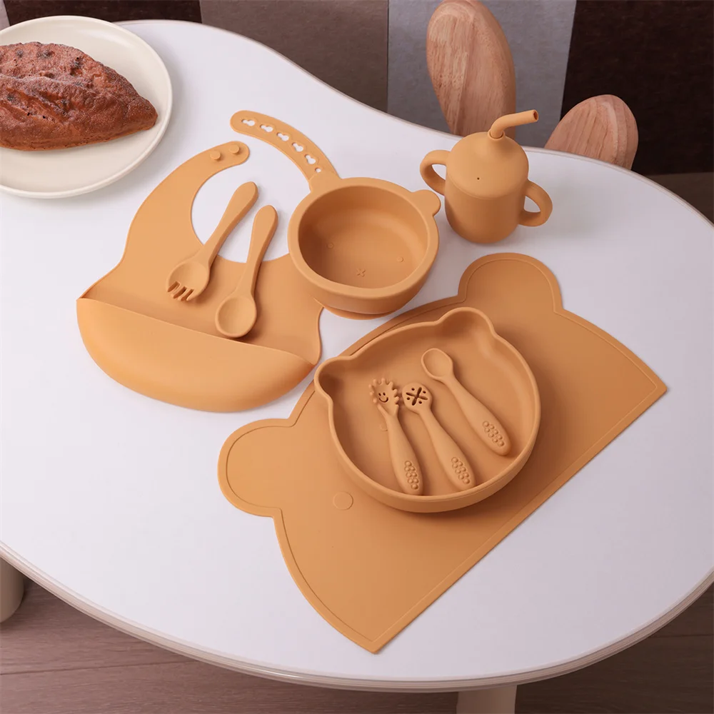 Color Kids 10PCS Soft Silicone Baby Feeding Set Suction Bowl Plate Bib Cup Utensils Waterproof Placemat Toddler Tableware Kit