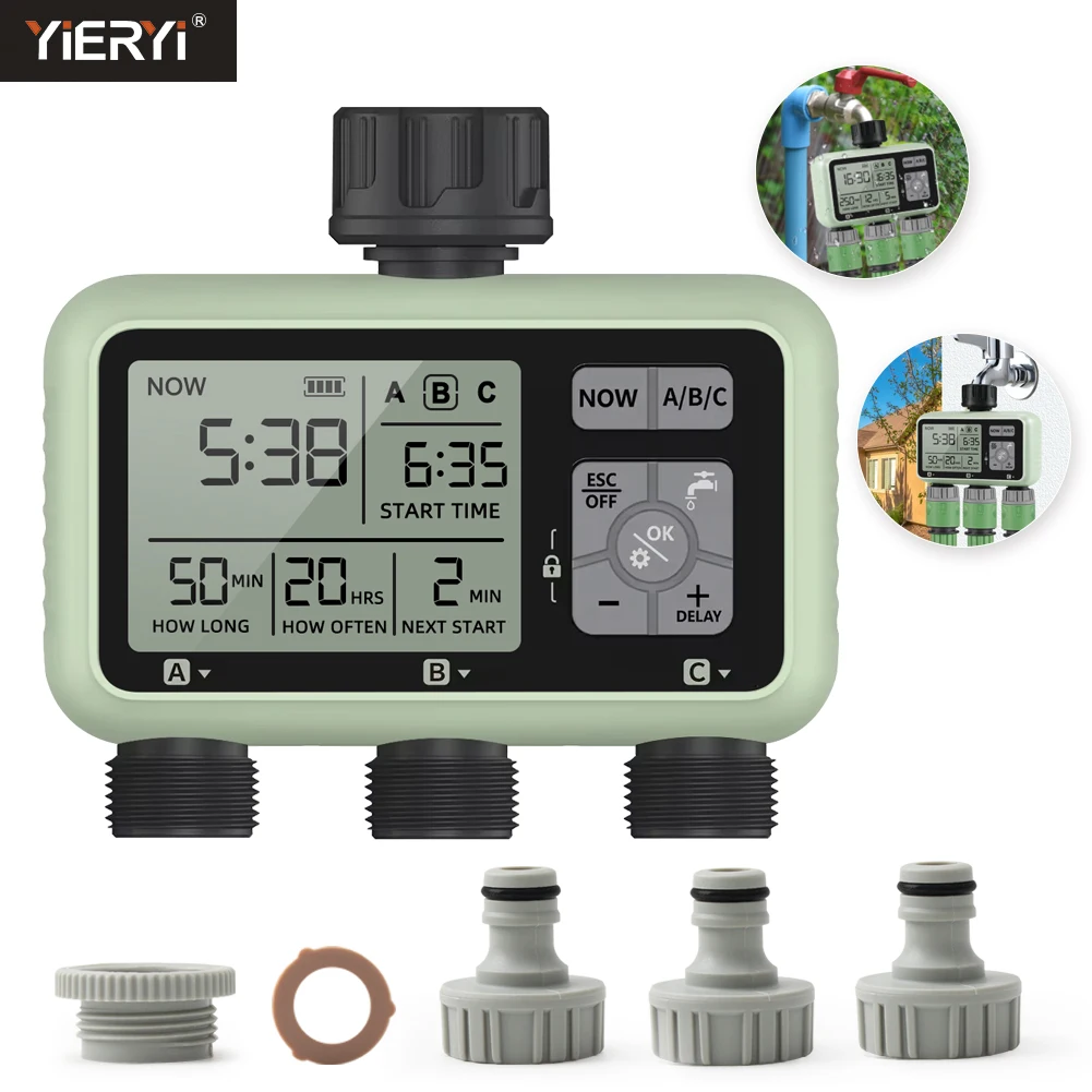 Yieryi 3 Outlet Watering Timer Rain Delay Garden Irrigator Timer Auto & Manual Drip Watering Sprinkler Water Valve for Outdoor 1