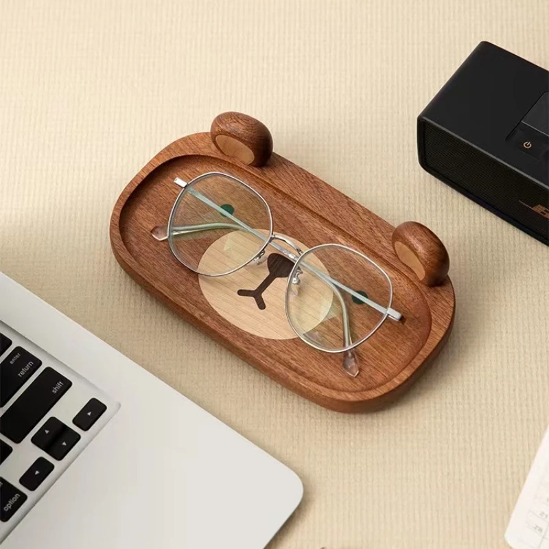 Creative Cute Bear Glasses Frame Porch Key Sundry Placing Tray Simple Household Solid Wood Cartoon Office Desktop Storage Trays 2