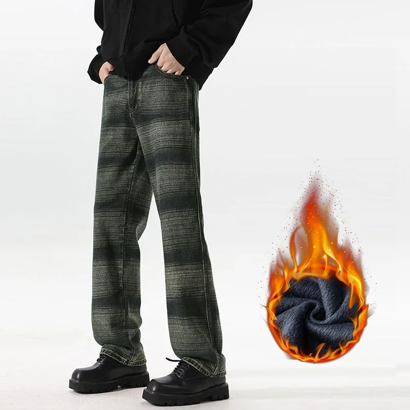 Warm Men’s Stripe Washed Fleece-Lined Denim Jeans – Loose Wide-Leg Streetwear 4