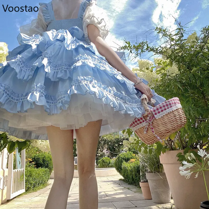 Japanese Kawaii Lolita Jsk Dress Women Vintage Gothic Ruffles Sleeveless Sweet Bow Princess Mini Dresses Girly Punk Strap Dress lolita dress lolita suspender dress lolita cosplay costumes suspender dress