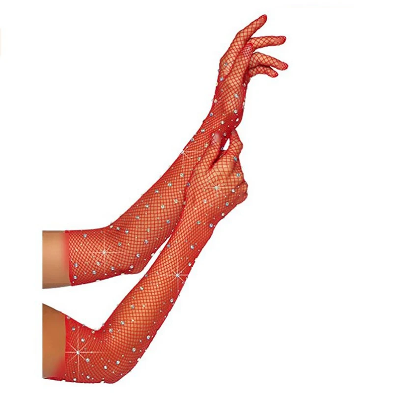 1 Paar Mesh-Vollfinger-Armstulpen, lange Handschuhe, sexy durchsichtige Diamant-Fischnetz-Handschuhe, Nachtclub, Bühnenauftritt, Zubehör – Detail 10