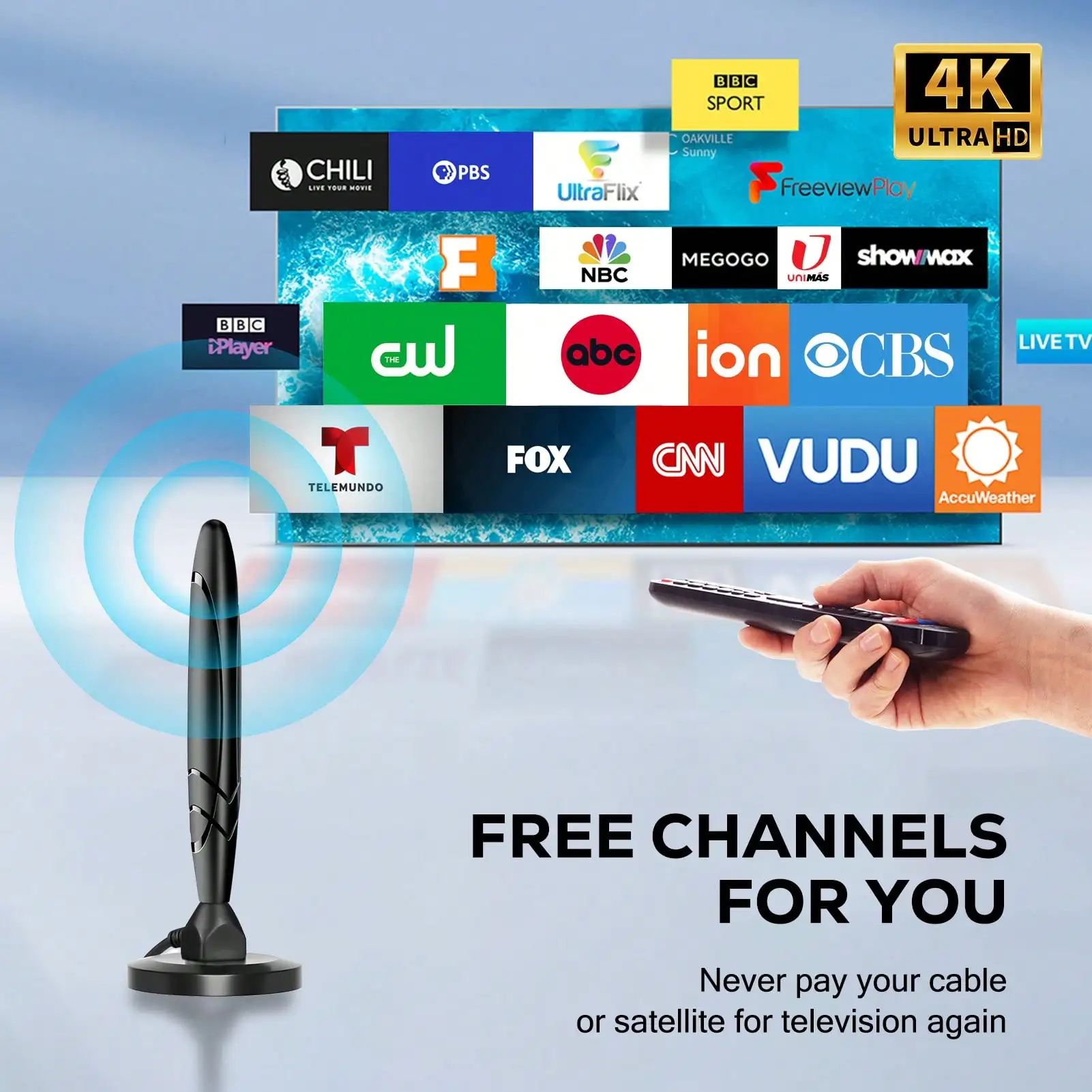 HD Digital TV Antenna Support 4K 1080p All TV on VHF UHF Local Channels with Signal Booster Amplifier+Strong Magnetic Base