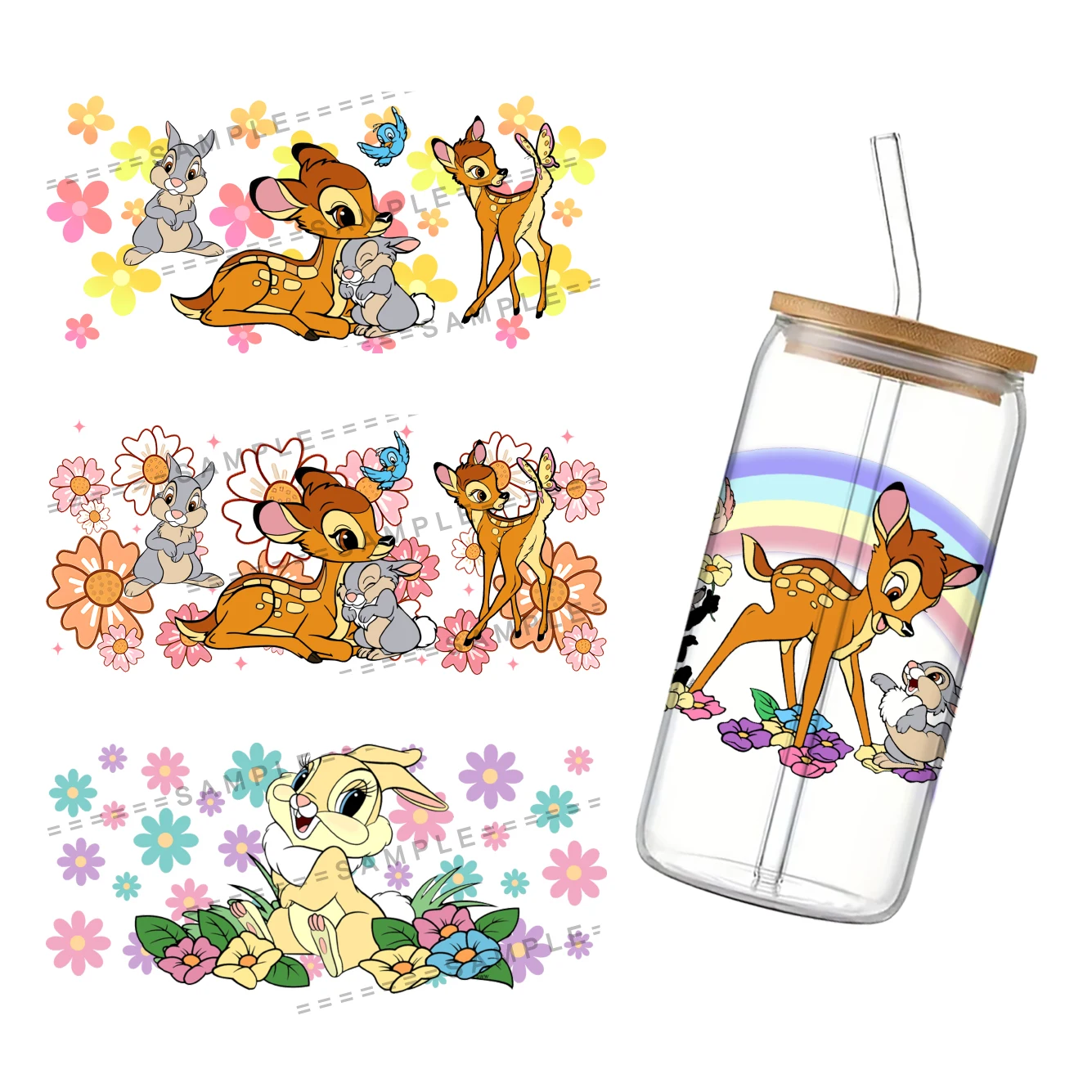 Disney Bambi UV Dtf Cup Wrap für 16 Unzen Libbey Glas kann DIY Transfer Aufkleber Bambi Hirsch