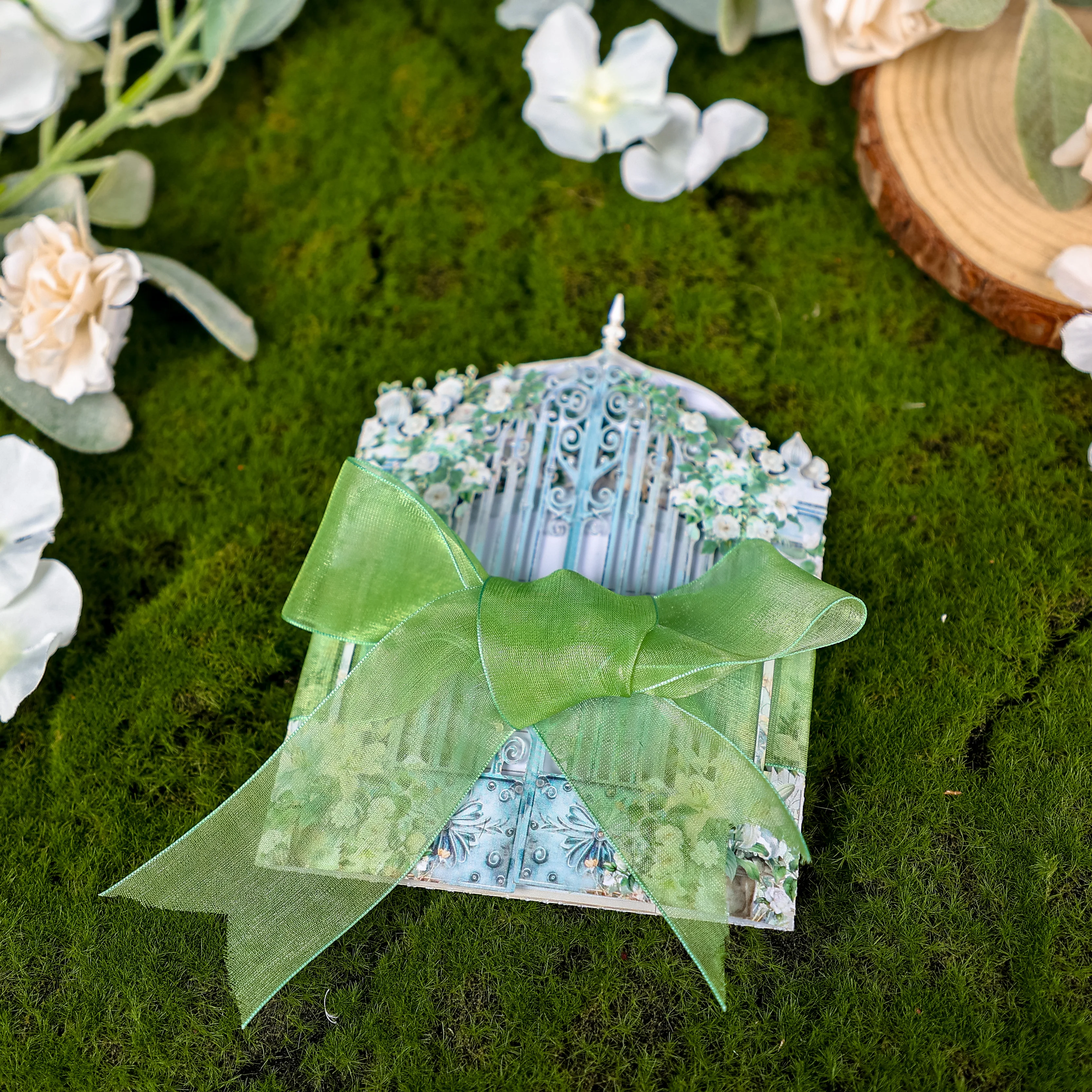 Greeting Cards White Rose Garden Pop-up Greeting Card Spring Rose Lily Garden Perfect Wedding Invitation with Green Ribbon Birthday Card