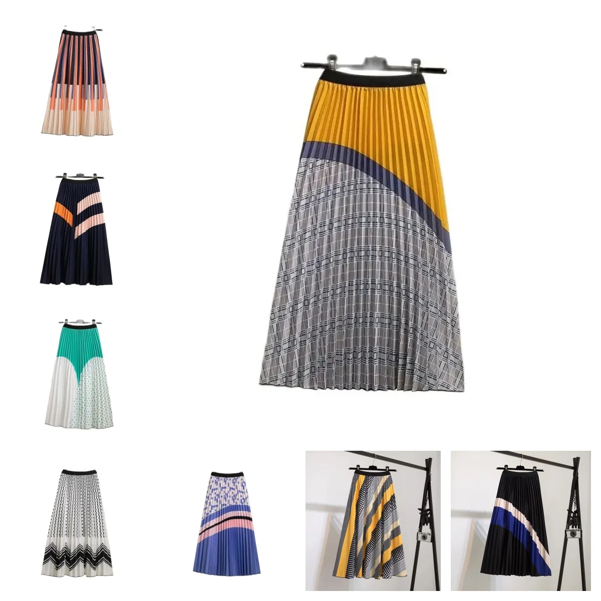 

Summer Women Fashion High Waist Pleated Gradient Color Geometric Print Elastic Big Swing Lady Travel OL Midi Dance Skirt Faldas