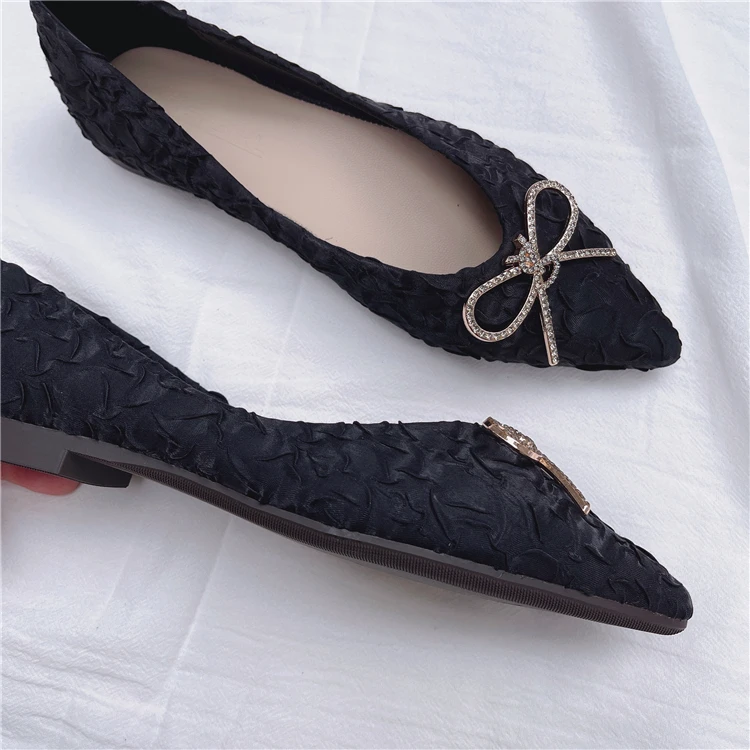 Rhinestone Bow Women's Flat Shoes Zapatos De Mujer Loafers Decorative Pointed Single Shoe Fold Gradient Soft Sole Women Shoes