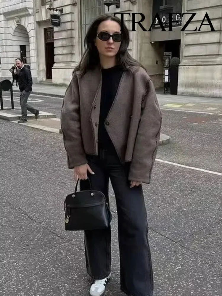 

TRAFZA Autumn Women's Asymmetric Short Jacket Fashionable V-neck Hidden Button Sewn Long Sleeve Jacket Women's Loose Jacket