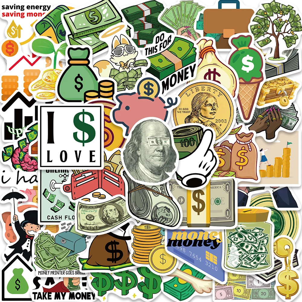 

50PCS American Money Dollars Graffiti Wealth Lucky Stickers Aesthetic Decal for Laptop Scrapbooking Laptop Bottle DIY Sticker
