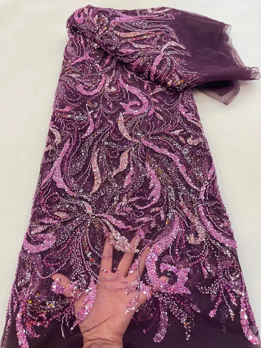 

African Heavy Handmade Embroidery Lace Fabric French Luxury Tulle Sequins Beaded 5 Yards Fabric For Women Evening Party Dresses